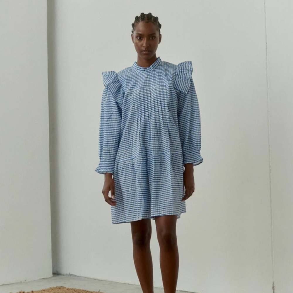 Sindiso Khumalo Hand Print Blocked Rina Blue and White Dress-M